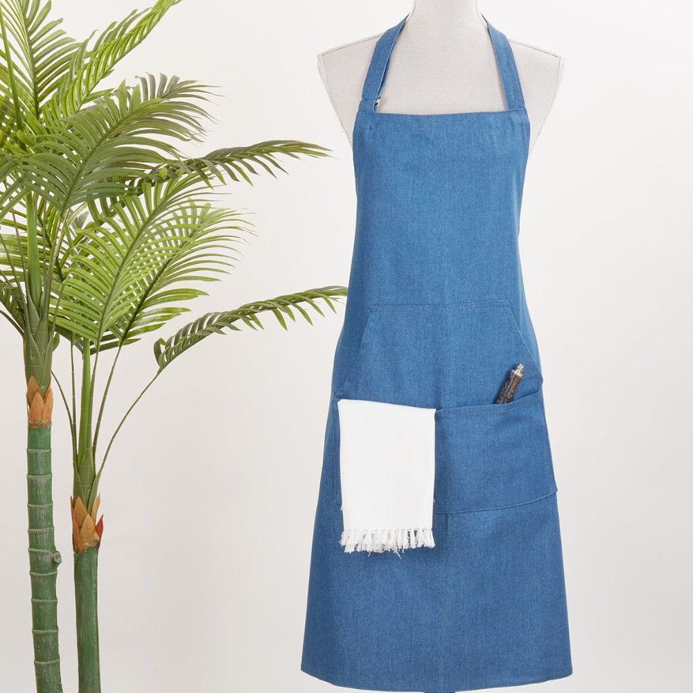 Adjustable Blue Denim Apron w Pockets & Back Tie Durable Functional Kitchen Apro
